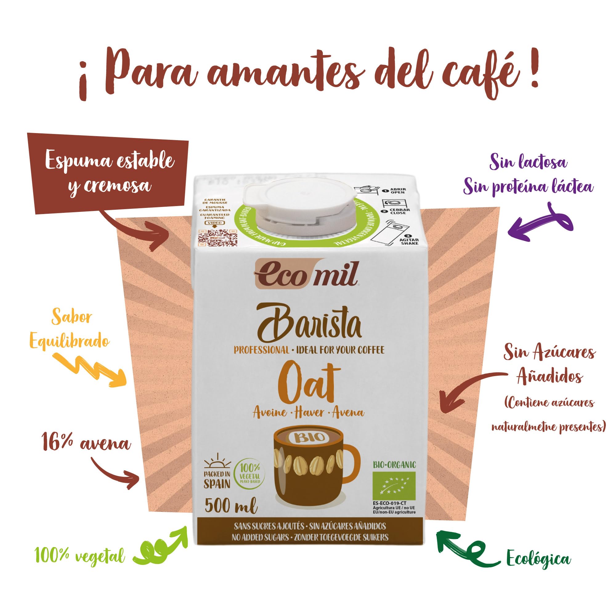 Ecomil Avena Barista Ecológica 6 x 500 ml Bebida de Avena para Café Sin Azúcares Añadidos