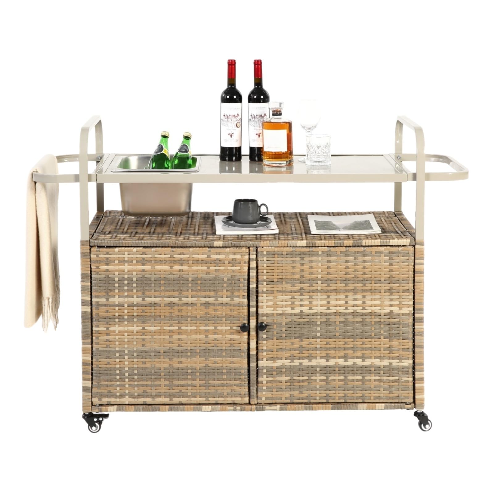 Gecheer Outdoor Bartisch mit Eiswürfelbehälter, Wetterfester Servierwagen Beistelltisch PE-Rattan, Arretierbare Rollen für Garten Terrasse Poolparty Grillabend Hinterhof, Beige