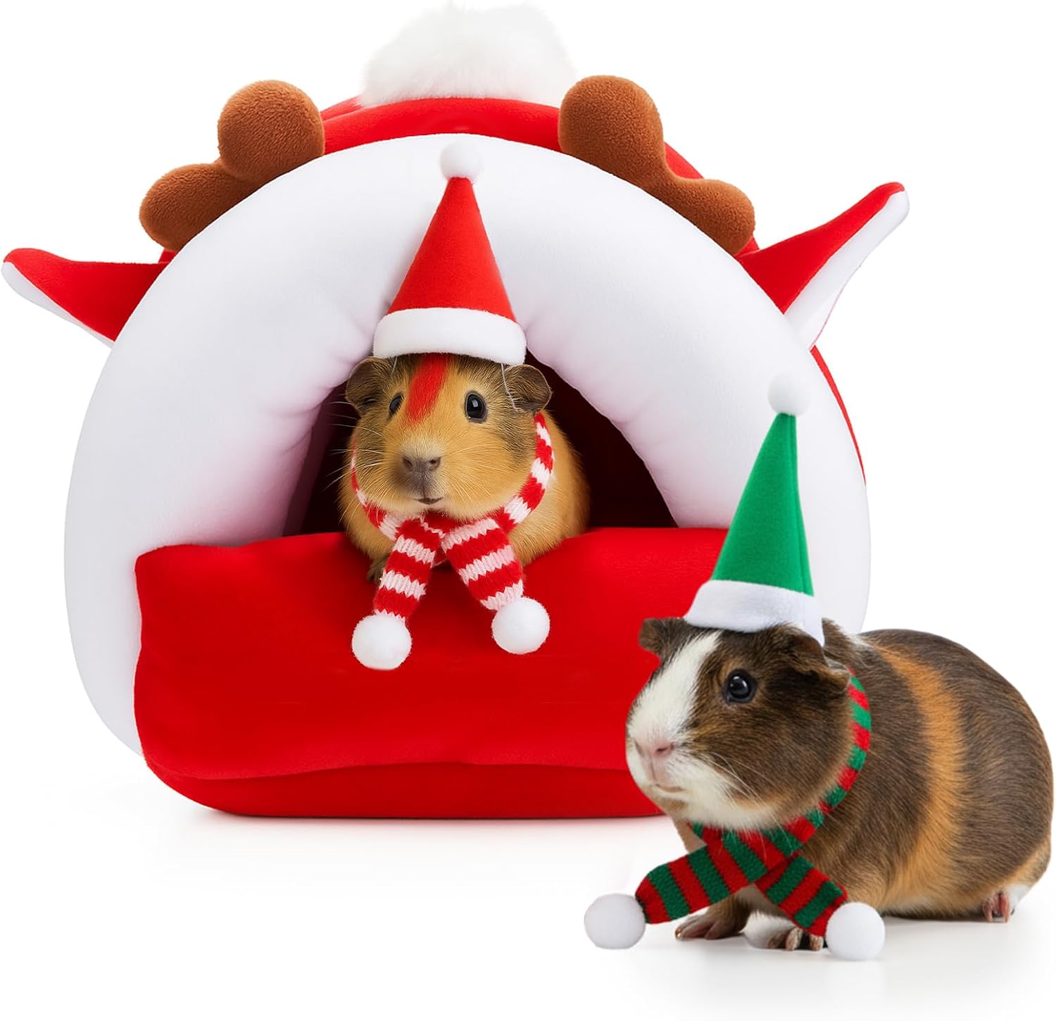 AceOrbit 5 Pcs Christmas Guinea Pig Hideout Set Warm Guinea Pig House Cozy Small Animal Pet Hideouts Bed with Mini Santa Hat and Scarf Accessories for Chinchillas Dwarf Rabbit Hamster to Sleep Hide, M