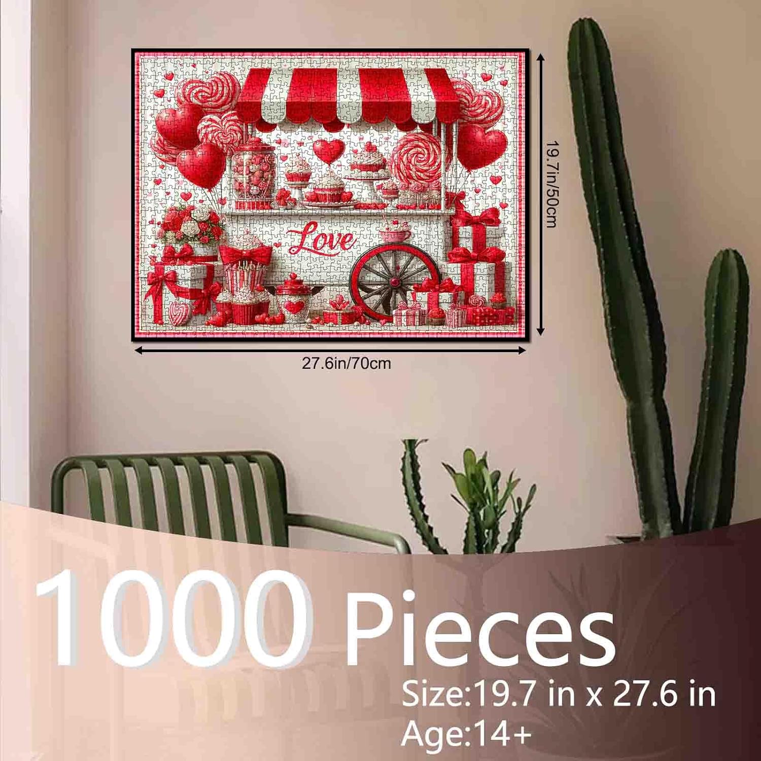 1000 Piece Jigsaw Puzzles for Adults Candy Cart Jigsaw Puzzle Red Valentine's Day 1000 Pieces Puzzles Game Balloon Lollipop Dessert Cart Wall Decor DIY Craft Puzzle Sweet Love Art