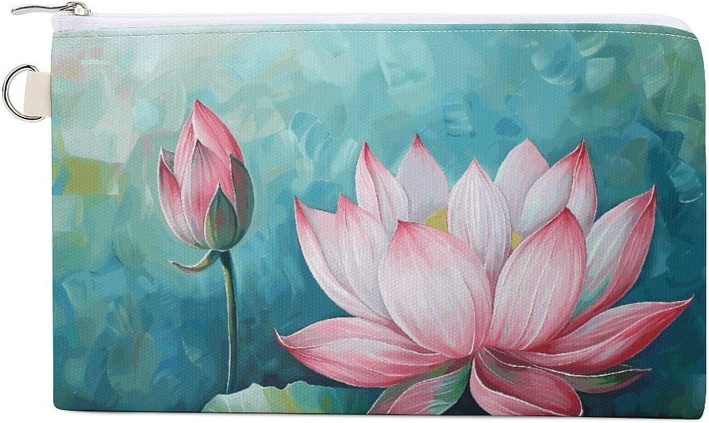 Lotus Flower Painting Coin Purse Coin Pouch with Zipper for Men Women Portable Change Wallet Canvas Coin Bag