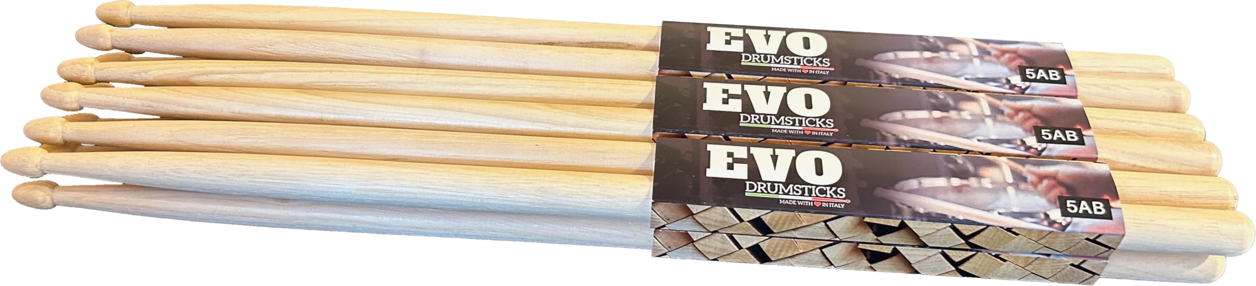 Bacchette per batteria professionali modello 5AB in hickory, noce americano con punta in legno, punta a ghianda, legno a stagionatura naturale, made in Italy - 6 pair pack