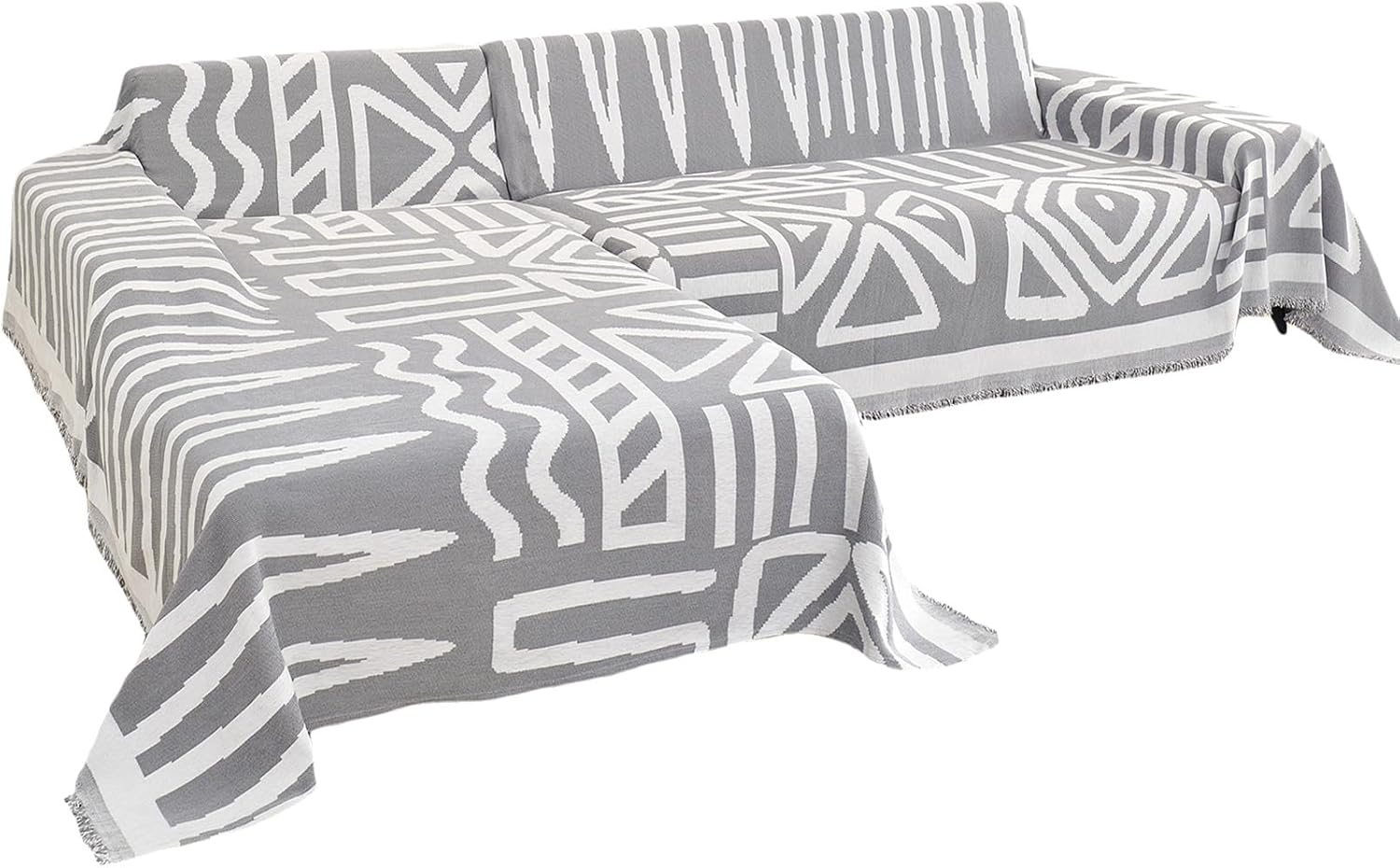 Boho Chenille Sectional Couch Cover Blanket for Sectional Sofa L Shape Couch,2 Pcs Sofa Cover Blanket for Sectional L Shaped Sofa,Triangle Plaid Chic Geometric Sofa Slipcover Furniture Protector,Grey