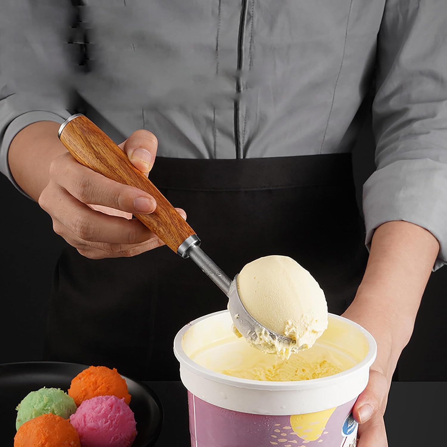 Scooper Ice Cream Scoop Wooden Handle Fruit Ball Scooper Utensil Ice Cream Scooper Spoon for Kitchen