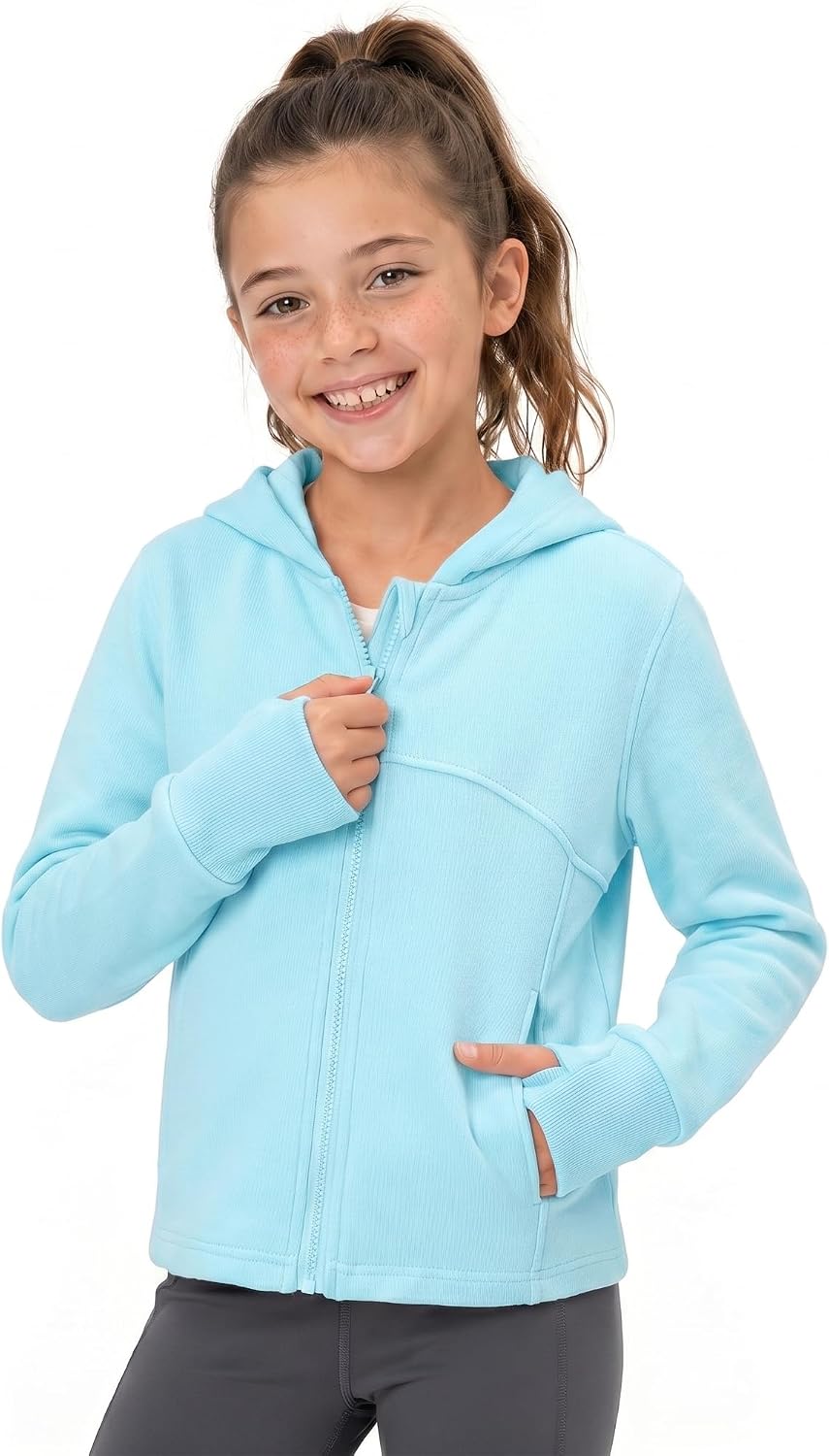 Girls Lightweight Zip-Up Hoodie for Kids Soft Casual Hooded Sweatshirt with Thumb Holes