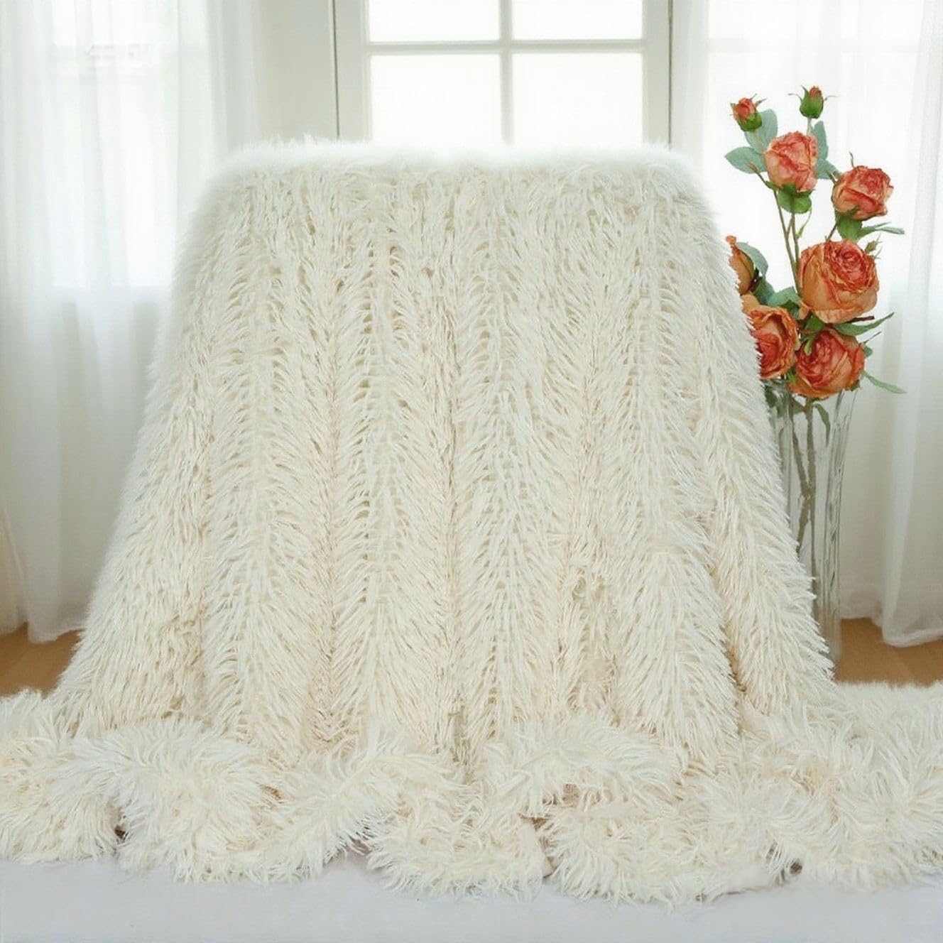 Plush Super Soft Blanket Bedding Sofa Cover Furry Fuzzy Fur Warm Throw Qulit Cozy Couch Blanket for Winter (63"x79", Cream)