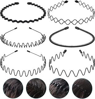Metal Headbands for Men, Women Fashion Hair Bands, Adjustable Wavy Headband, Unisex Black Simple Non-Slip Sports Headband(6 Pack )
