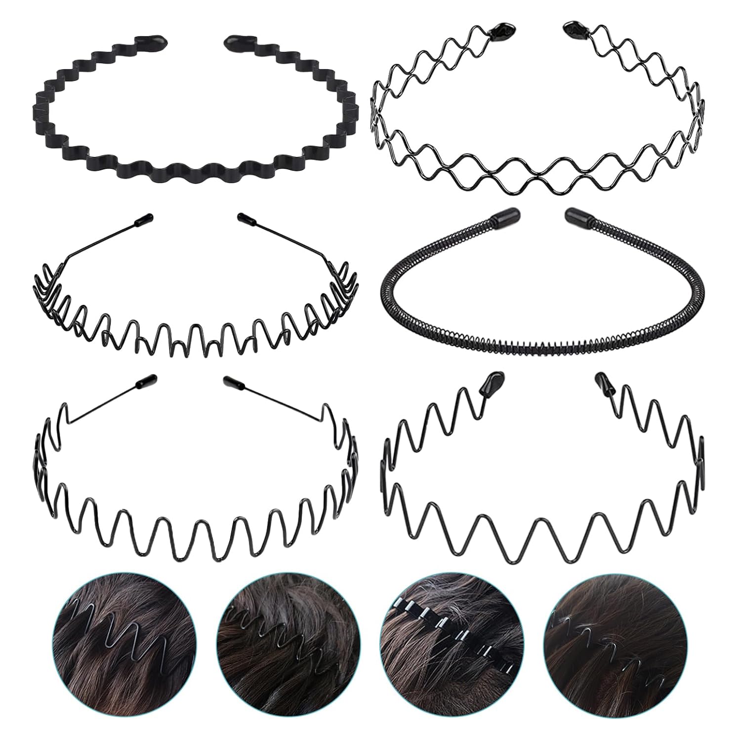 KELUBATU Metal Headbands for Men Fashion Headband for Women, Unisex Wavy Hair Bands Outdoor Sports Head Bands Simple Elastic Non-Slip Hair Accessories (6 Pack)
