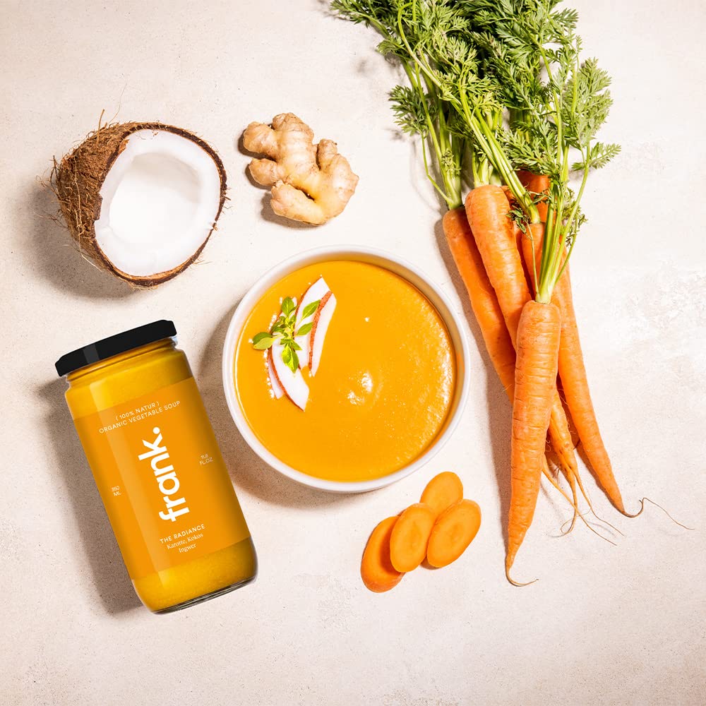 Frank Juice Bio Suppe im Glas "Karotten", 12 x 350 ml, aus frischem Gemüse | Kein zusätzlicher Zucker od. Zusatzstoffe | direkt servierbar kalt oder erwärmt geeignet | Clean Eating geeignet |Nachhaltig
