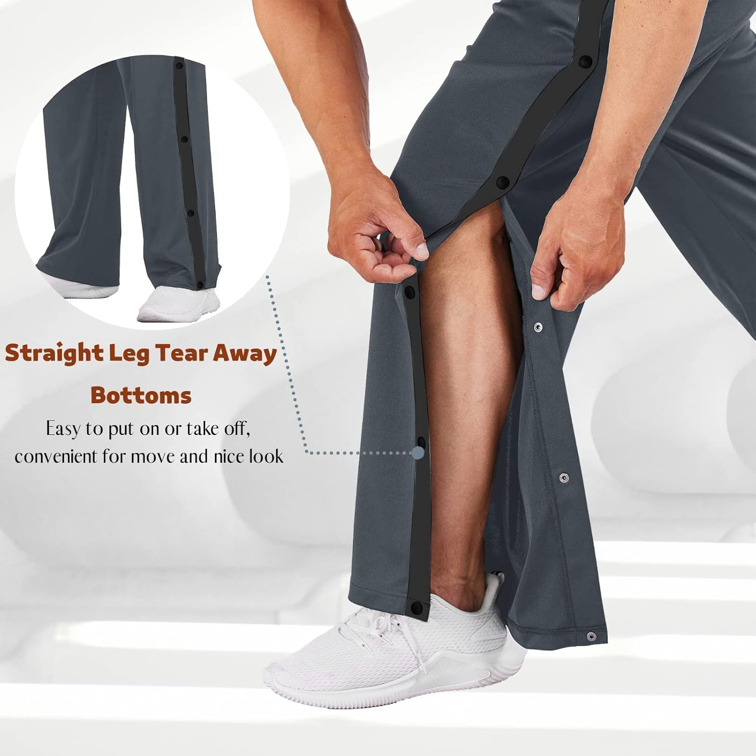 Deyeek Men's Tear Away Basketball Pants High Split Snap Button Casual Post-Surgery Sweatpants with Pockets - Image 3