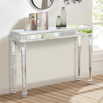 Mirrored Console Table, Narrow Sofa Accent Table for Entryway Hallway Living Room, 48" W x 14" D x 32.68" H, Silver