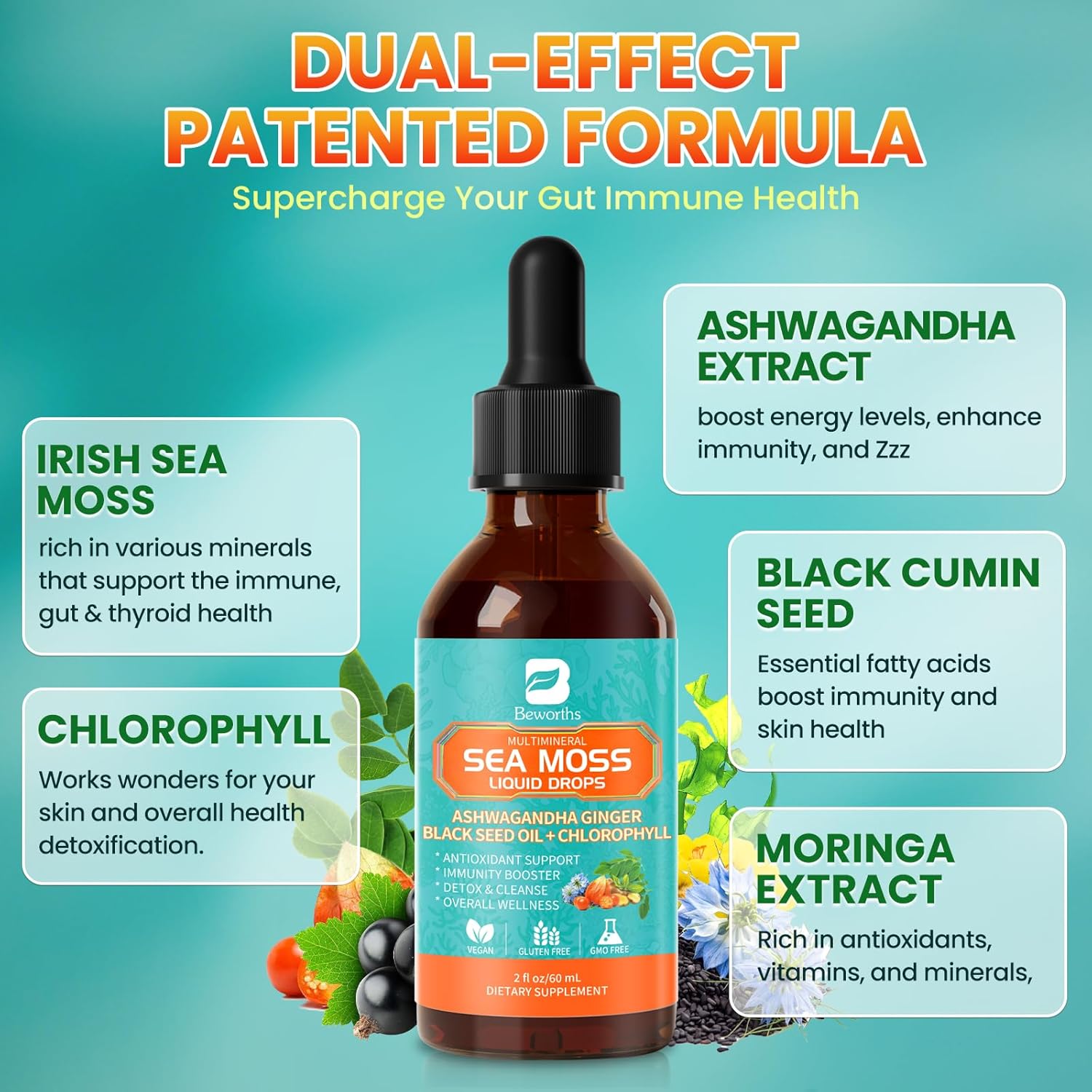 Sea Moss Drops - Irish Sea Moss Chlorophyll Liquid with Black Seed Oil, Ashwagandha, Moringa, Turmeric, Elderberry, Mullein, Seamoss Gel Supplement for Liver Cleaner, Detox & Gut, Immune Support- 4 oz