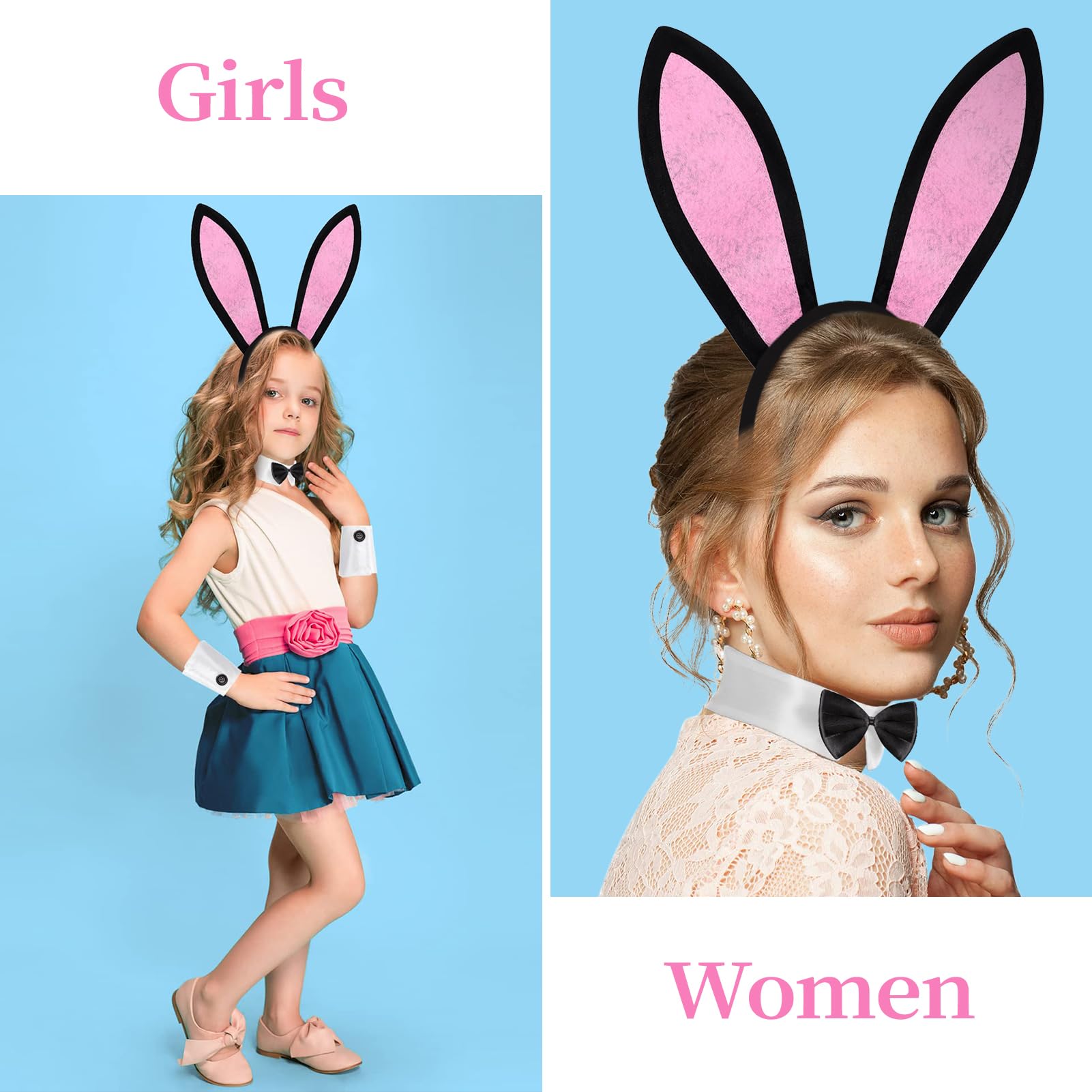Women's Bunny Costume Set Rabbit Ear Headband Collar Bow Tie Costume Cuffs Rabbit Tail for Easter Party, Rose - Image 3