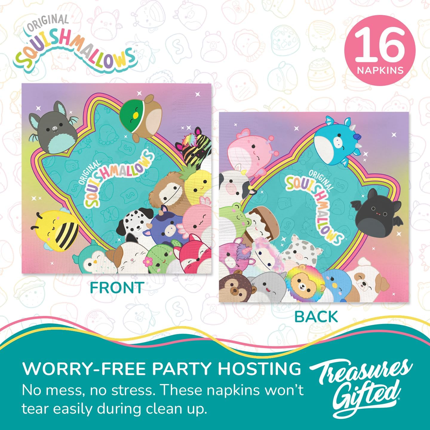 Treasures Gifted Officially Licensed Squishmallows Party Supplies - Serves 16 Guests - Complete Set Squishmallows Birthday Decorations - Tablecloth, Banners, Plates & Napkins