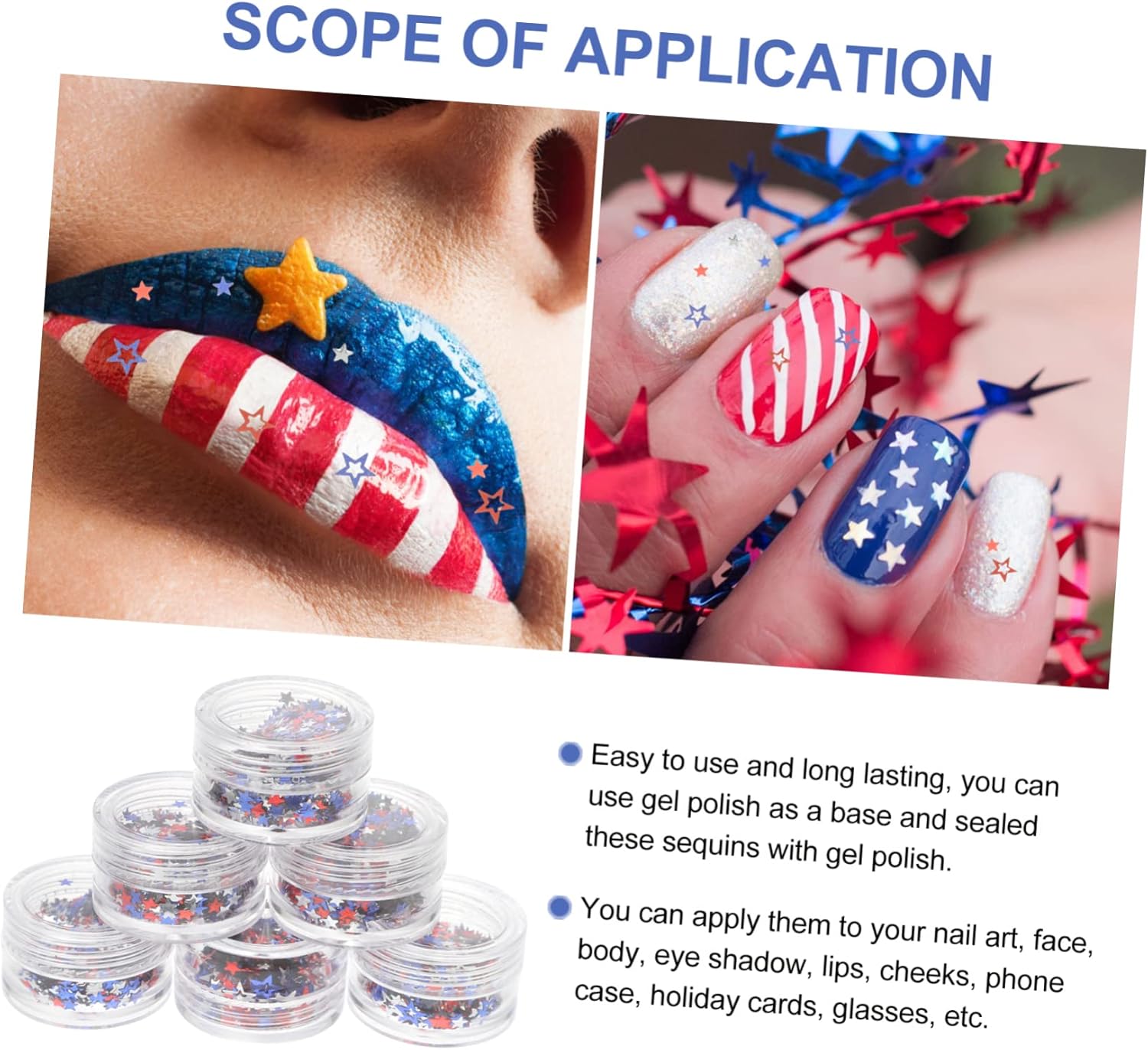 5sets Independence Day Nail Star Glitter Sequins of Five Pointed Star Nail Accessories for Festive DIY Manicure for Women Celebrations 6boxes*5