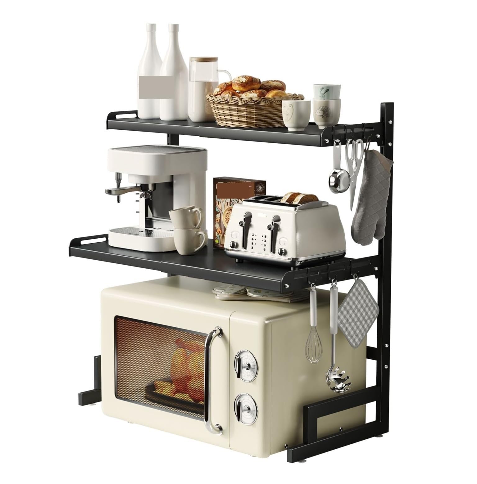 Support micro-onde réglable en hauteur et extensible en acier noir moderne