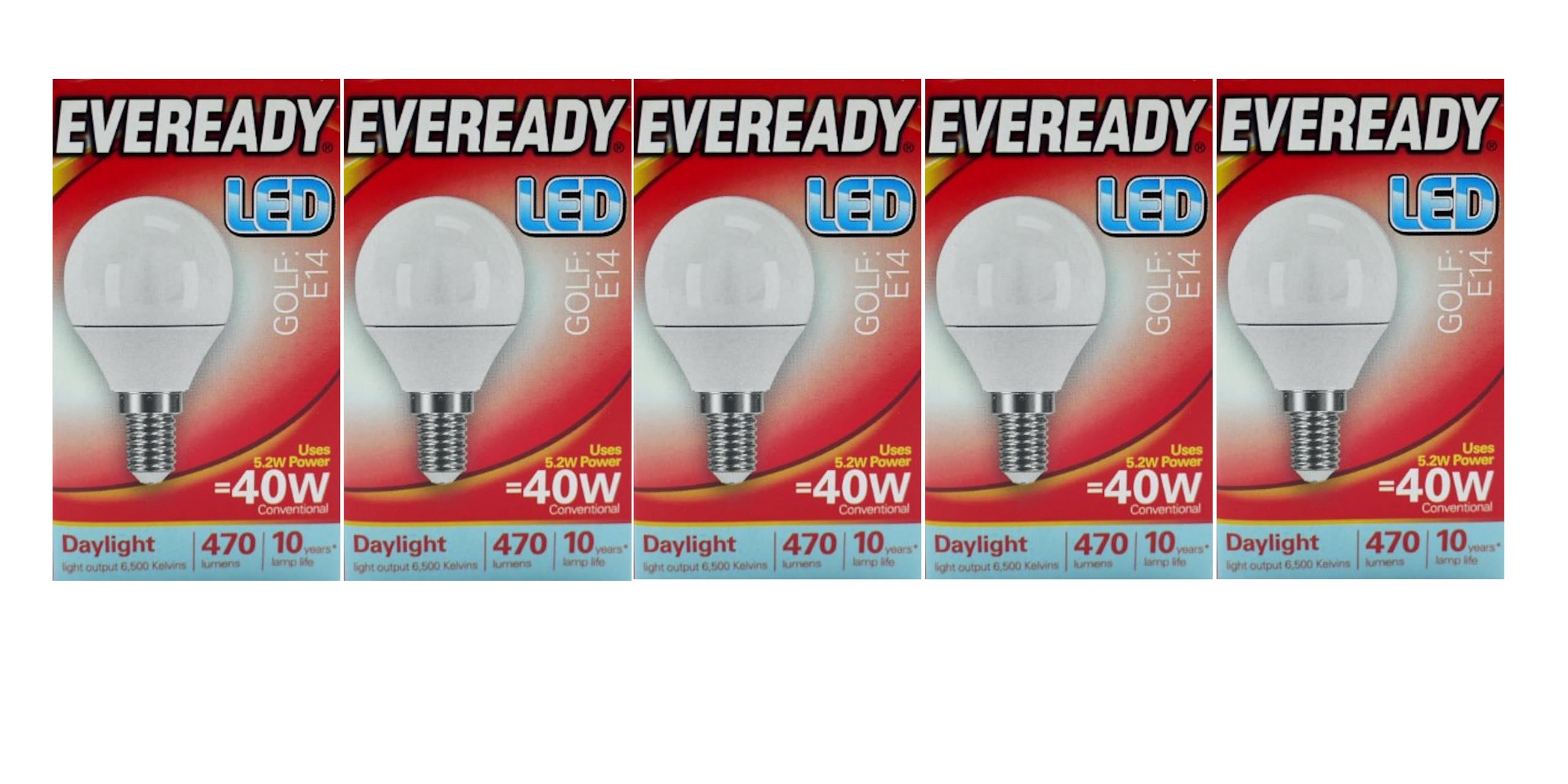 Eveready E14 Bulb LED Golf (SES) 470 lumens 5.2 Watt Daylight 6500k. Pack of 5 Bulbs