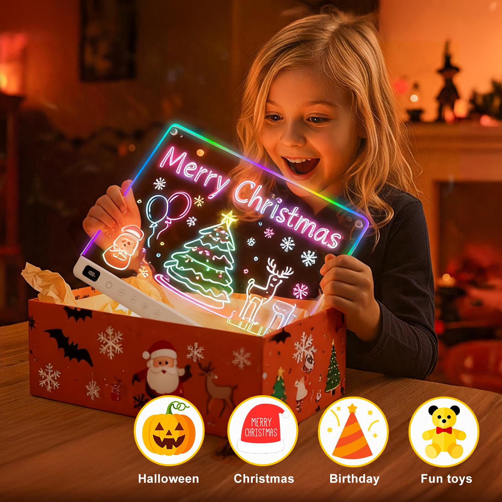 Tableau lumineux LED à notes avec couleurs, Ardoise lumineuse LED pour enfants rechargeable, 13 couleurs, 35x25 cm, inclut adaptateur, chaîne de suspension et support, Tableau à notes en acrylique