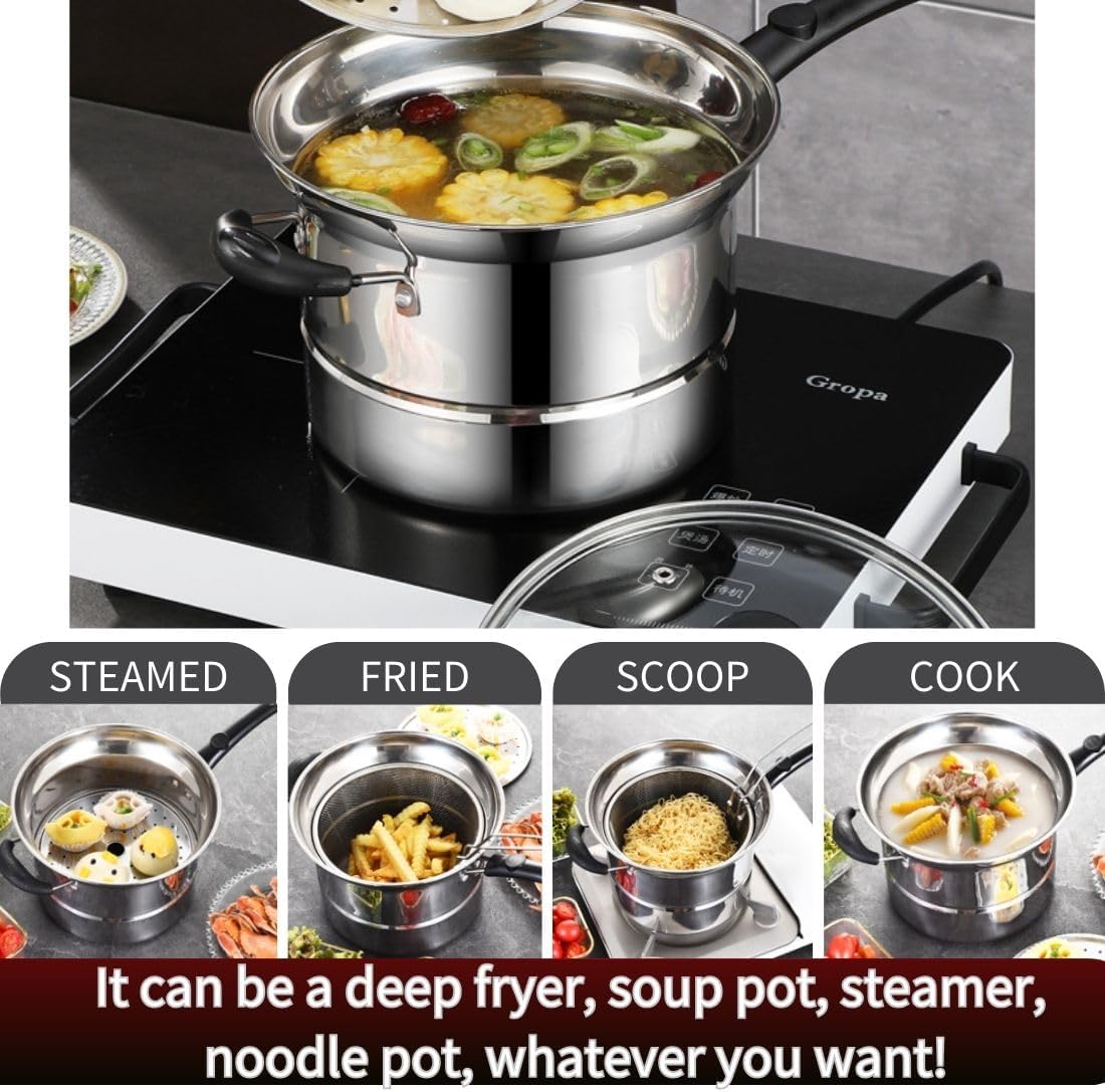Stainless Steel Multipurpose Pot with Deep Fry Basket, Steamer Rack, Glass Lid Strainer, 3.5 Quart Sauce Pan with Stay-cool Handle for Cooking Gravies, Vegetable Steamer