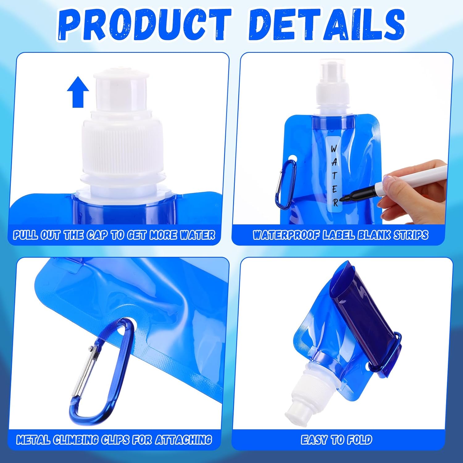 Teenyyou 24pack Collapsible Water Bottles Bulk 16oz Foldable Water Bottles with Carabiner Reusable Drinking Leak Proof Container Bags for Sport Biking Hiking Camping Travel Outdoor (Blue)