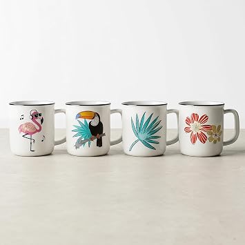 Topadorn Espresso Cups Set of 4, 4oz Ceramic Demitasse Cups with Handles, Tropical Bird and Floral Coffee Mug Set, Microwave & Dishwasher Safe