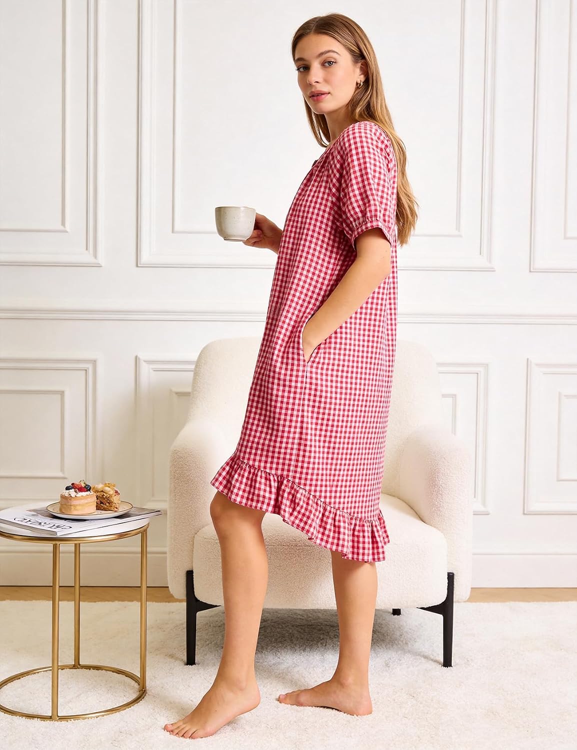 PEHMEA Women's Cotton Gingham Nightgown Short Sleeve Loose Fit Sleepshirt with Pockets Button Down Midi House Dress