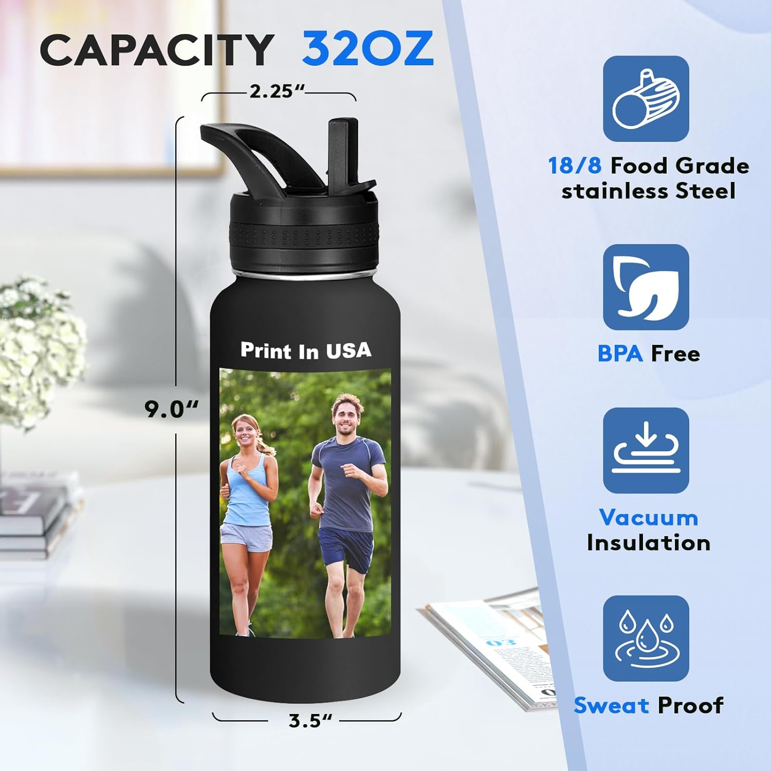 Personalized 32oz Water Bottle, Insulated Sport Water Bottle with Leak-proof Lid, Custom Water Bottle with Photo, Text, Logo, Print in USA, Black, 1 Pack - Image 2