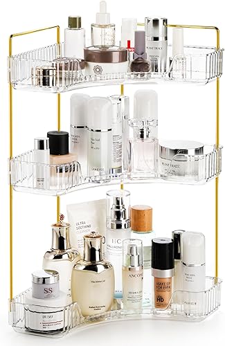 Organizador de encimera de baño de 3 niveles, estante de almacenamiento de esquina transparente, soporte de pie para perfume cosmético con poste de