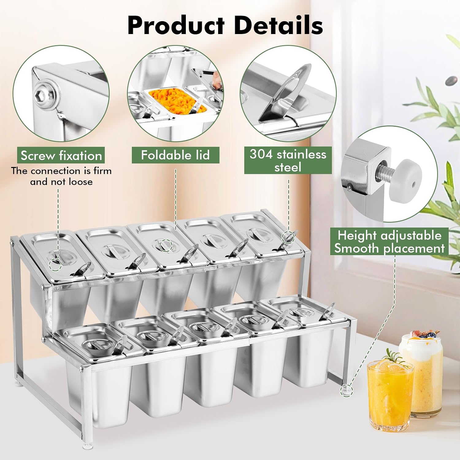 Meticuloso Expandable Spice Rack Stainless Steel Organizer Shelf for Sauce Ingredients Fruits, for Kitchen Pantry Use,10 Spoons,10 Lids&10 Buckets