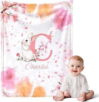 Custom Blanket with Initials for Kids,Personalized Baby Blanket for Girls,Customized Soft Flannel Name Blankets Gifts for Birthday Baby Shower Memorial Day