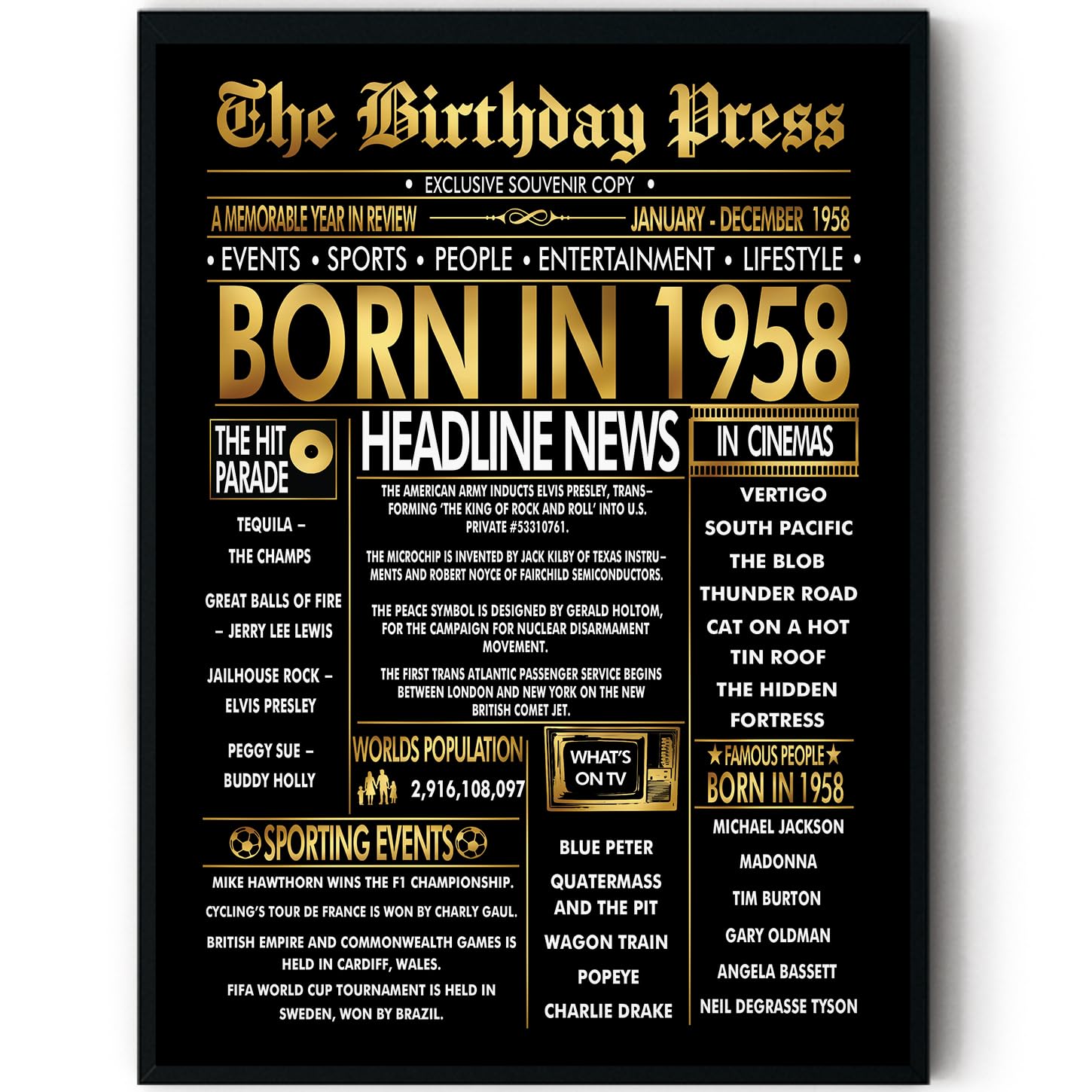 Stuff4 Men's 1958 Gold 68Th Birthday Poster Framed, Golden Born In Newspaper