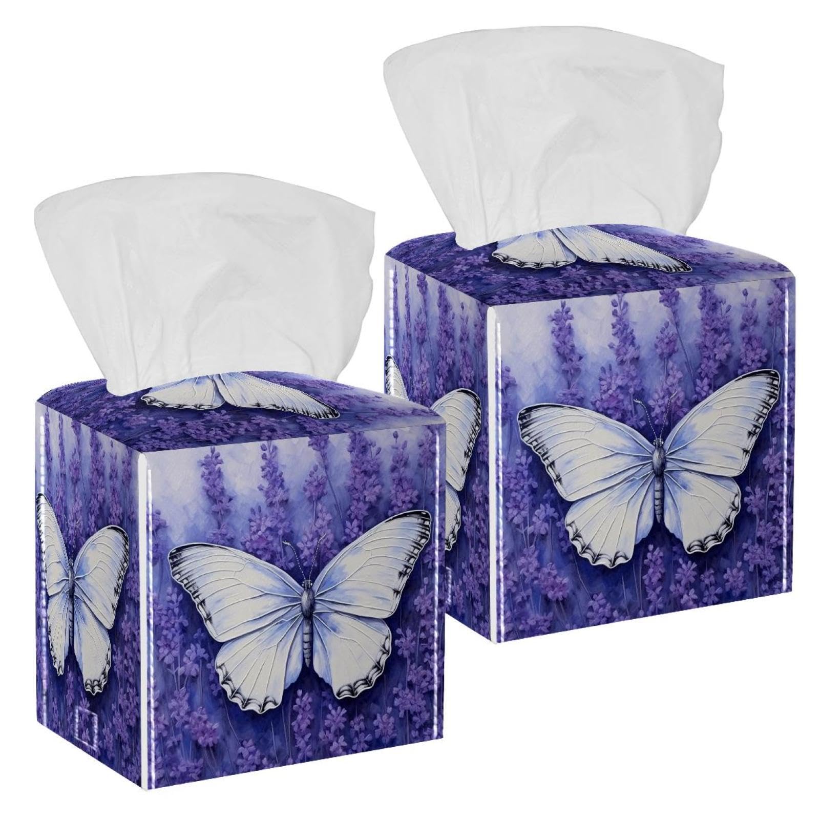 Lavender Butterfly Tissue Box Cover, 2 Pack PU Leather Square Facial Tissue Dispenser Box holder for Home Office Car