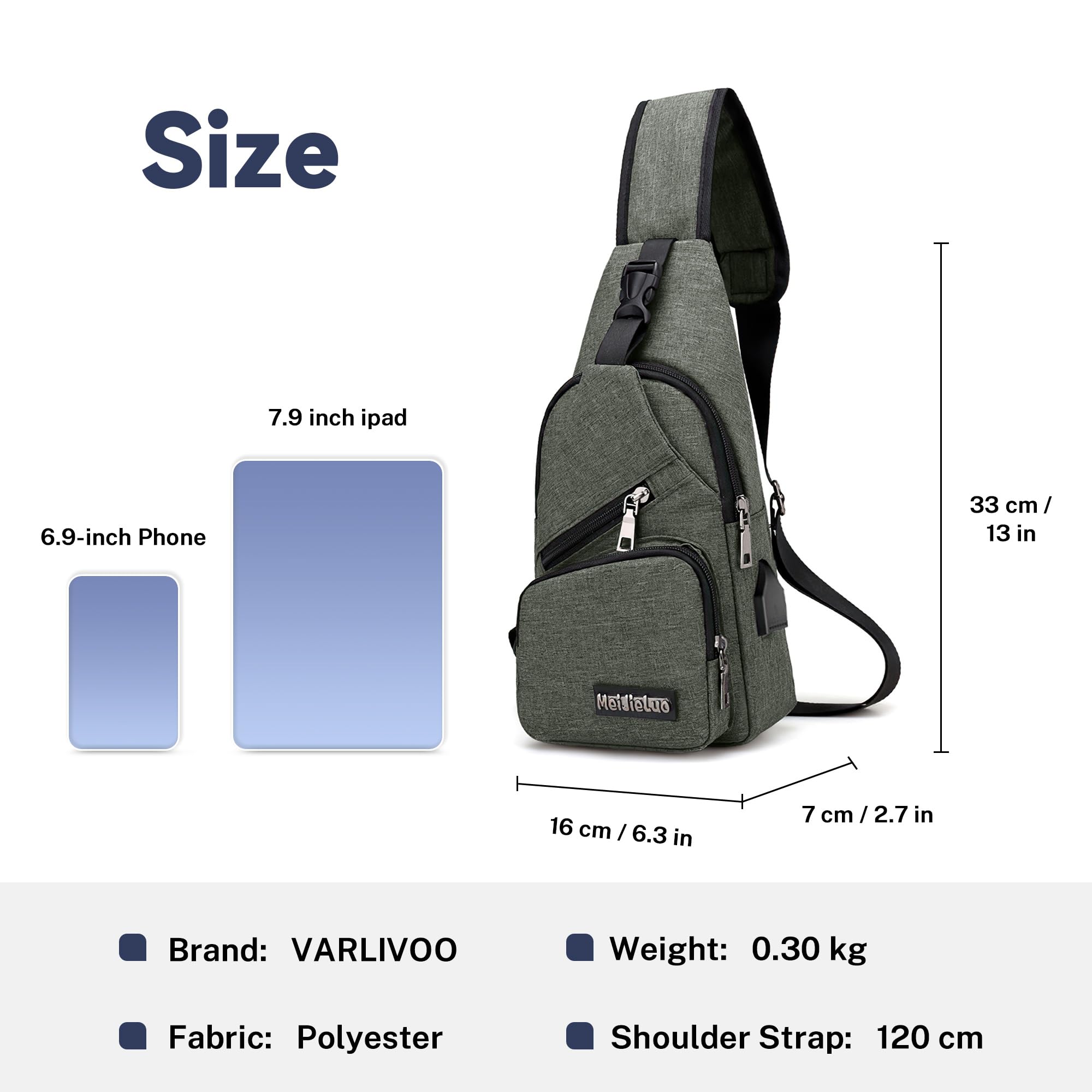 VARLIVOO Moda męska Sling Bag z portem USB Torba na klatkę piersiową Torby na ramię Torba sportowa Torba Crossbody Podróże Piesze wycieczki Kolarstwo Plecak na ramię Wodoodporny poliester Zieleń Wojskowa
