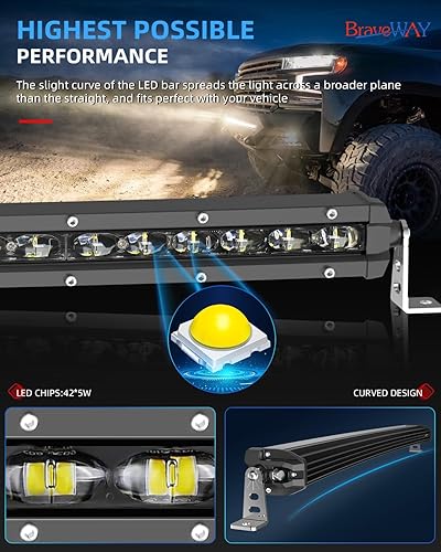 Miniatura 2 de BraveWAY Barra de Luz LED Curva de 44 Pulgadas de Fila Única, Luz de Conducción para Todo Terreno, Haz de Luz LED Combo de Foco y Amplio Rango, Luz