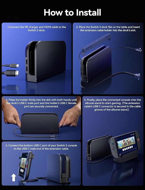 Cablu prelungitor USB-C JSAUX cu suport pentru dock Switch 2, 35 cm, încărcare rapidă și video 4K, funcționalitate 1:1 a dock-ului, răcire suplimentară, compatibil cu huse groase