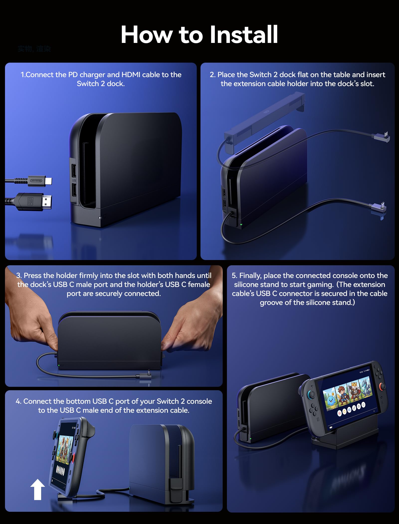 JSAUX Cable Extensor con Soporte para Dock de Switch 2, Extensión USB C de 35 cm, Carga Rápida y Datos 10 Gbps, Salida de Video 4K a 60 Hz, Función Dock 1:1, Ventilación Pasiva, para Fundas Gruesas