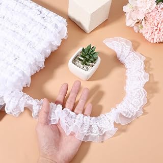 11 Yards Double-Layer Pleated Lace Trim, White Organza Nylon Ruffle Edging for Clothing Sewing Crafts Wedding Applique Decor