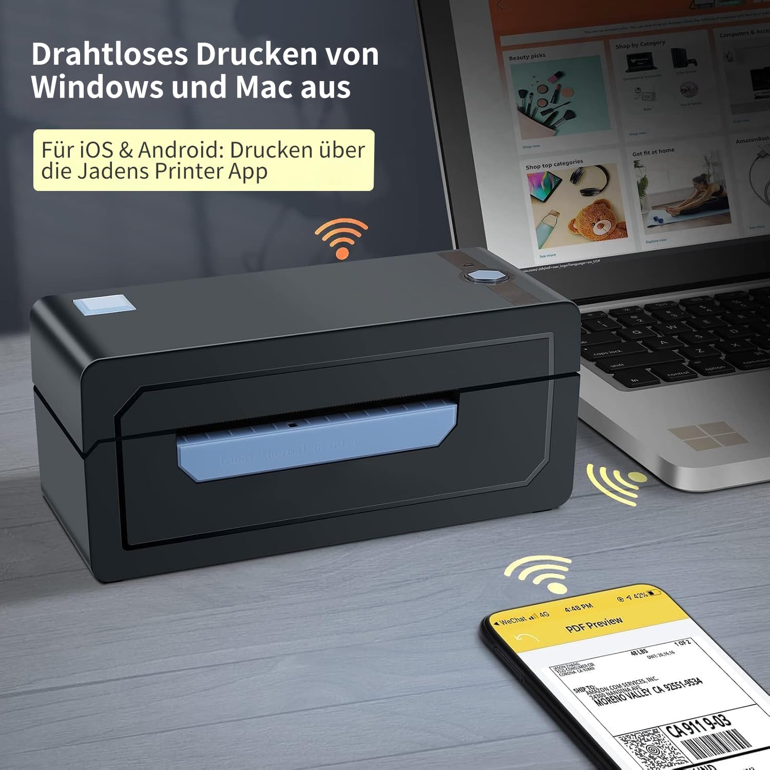 JADENS Bluetooth Thermodrucker für Versandetiketten, 10x15 cm (4x6 Zoll) | Kabelloser Etikettendrucker, kompatibel mit Android, iPhone, Windows & Mac – Ideal für DHL, Hermes, DPD