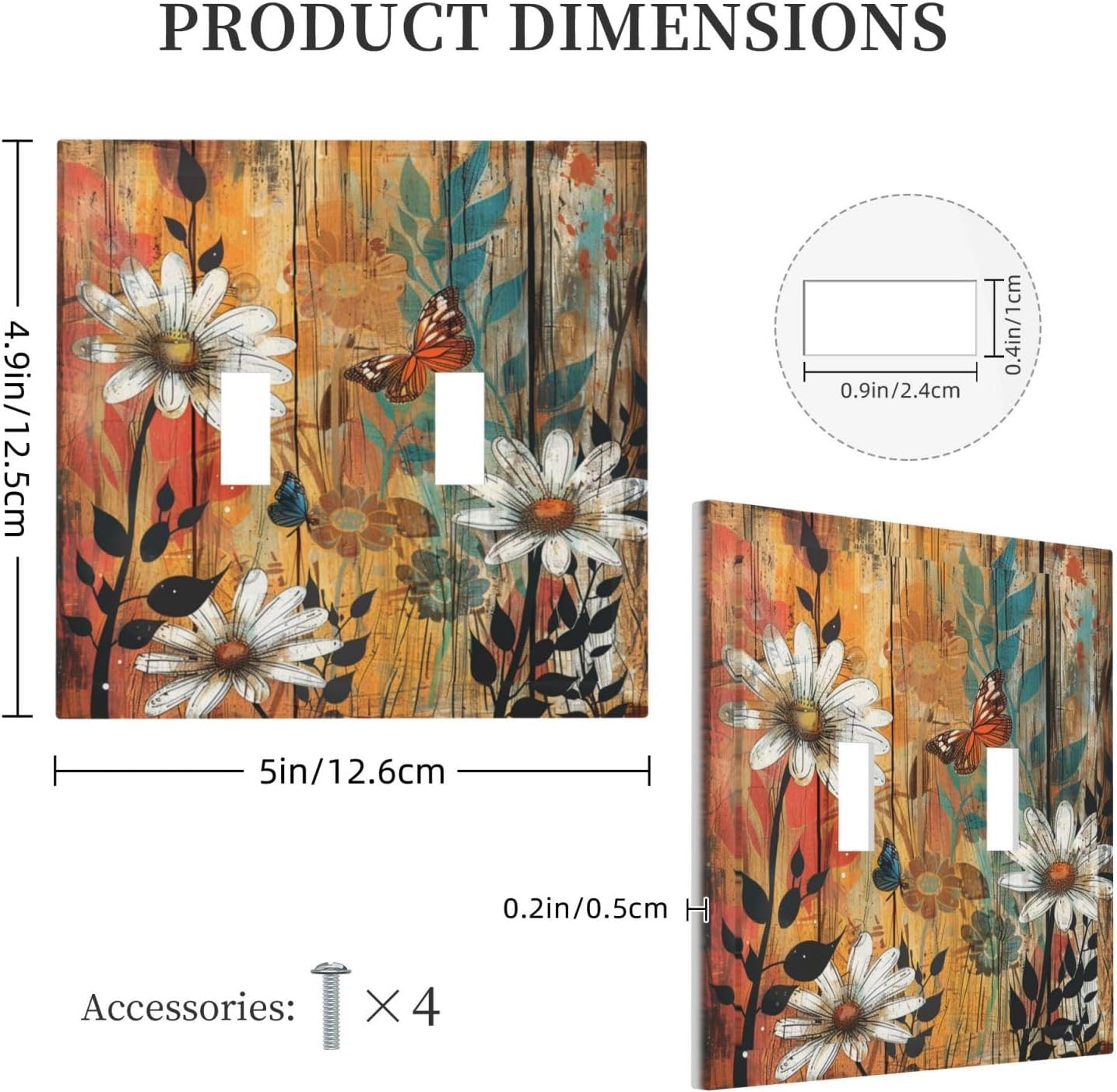 Light Switch Cover Plate Vintage Wooden Daisies Butterflies Floral 2 Gang Double Toggle Decorative Switch Plates Wall Plates Electrical Faceplate for Bathroom Farmhouse Decor