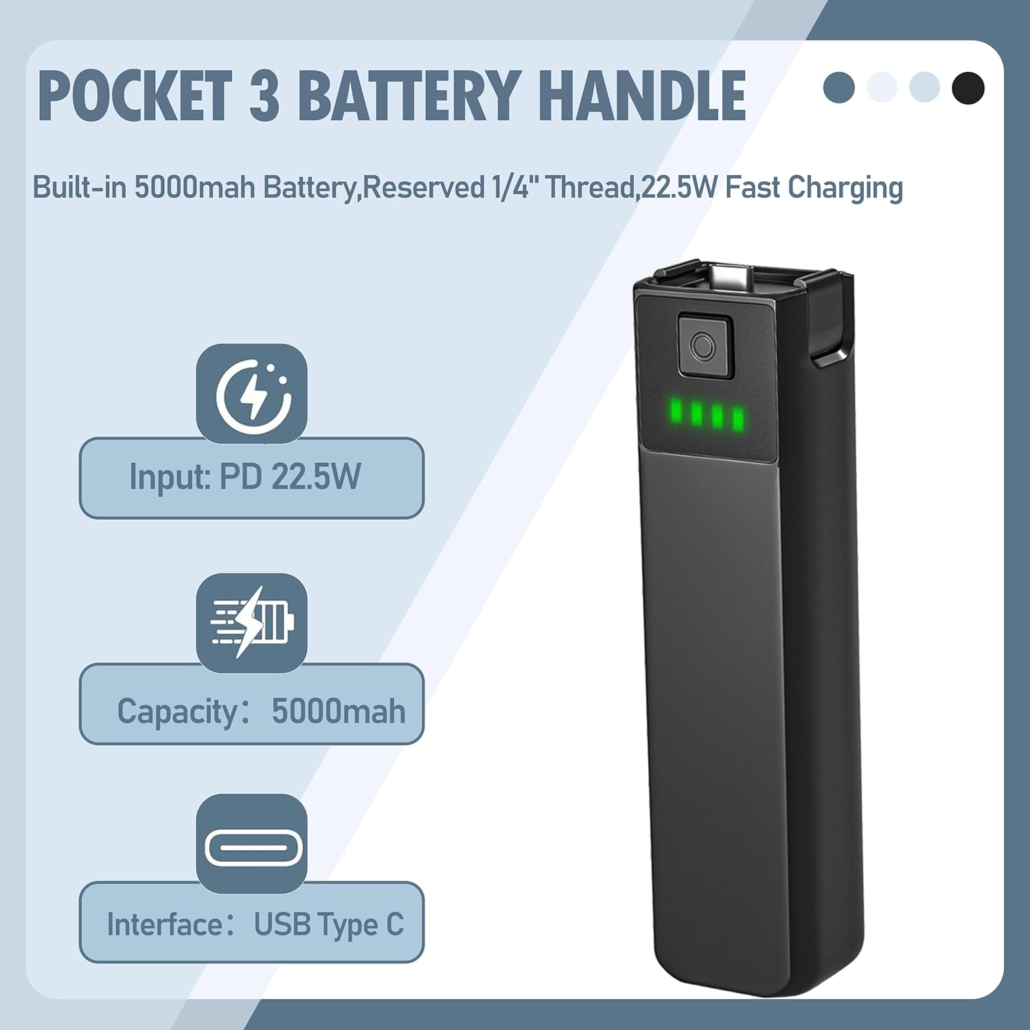 5000mAh Fast Charging Battery Handle fit for DJI osmo Pocket 3 and Xtra Muse,Built-in 22.5W Fast Charge and Reserved 1/4” Thread