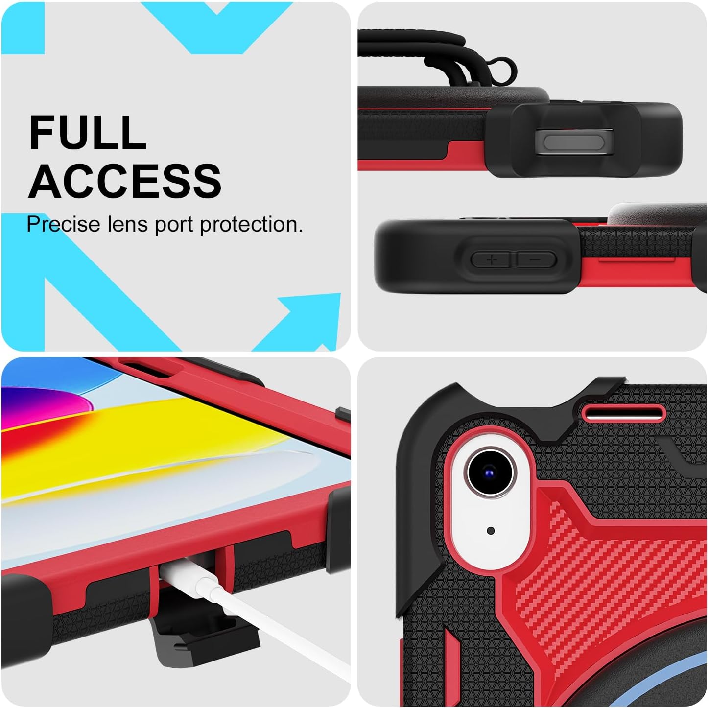 Case for iPad (A16) 11th/10th Generation 11''/10.9'' 2025/2022, Full-Body Shockproof Protective Cover with Screen Protector, 360° Rotating Stand and Hand/Shoulder Strap, RED/Black