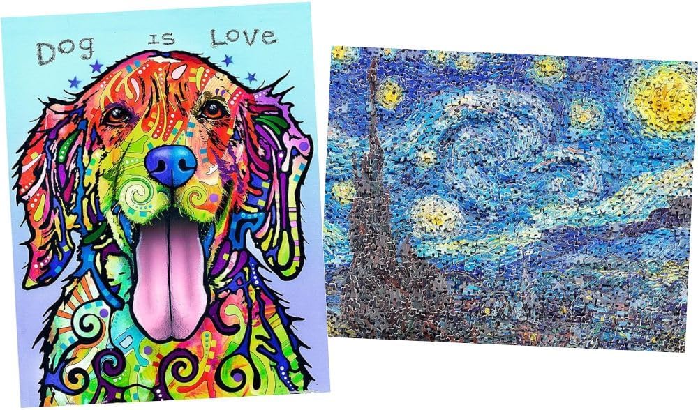 Pintoo Two Plastic Jigsaw Puzzles Bundle - 500 Piece - Dean Russo - Dog is Love and 500 Piece - Puzzle in Puzzle - Van Gogh's Starry Night [H2039+H2285]
