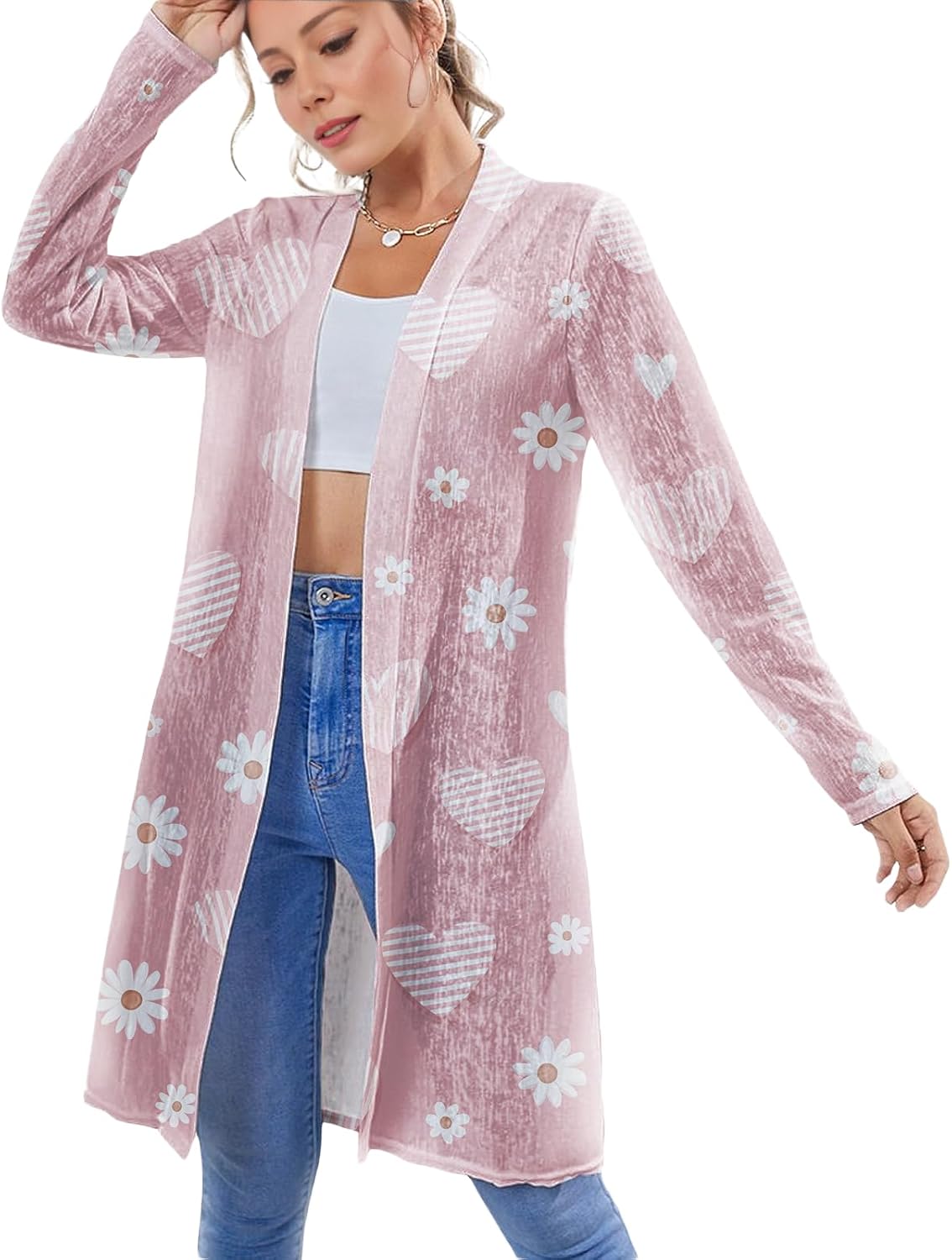 Womens Cardigan Outfits Long Sleeve Loose Casual Open Front Mid Length Graphic Print Summer Beach Flowy Tops