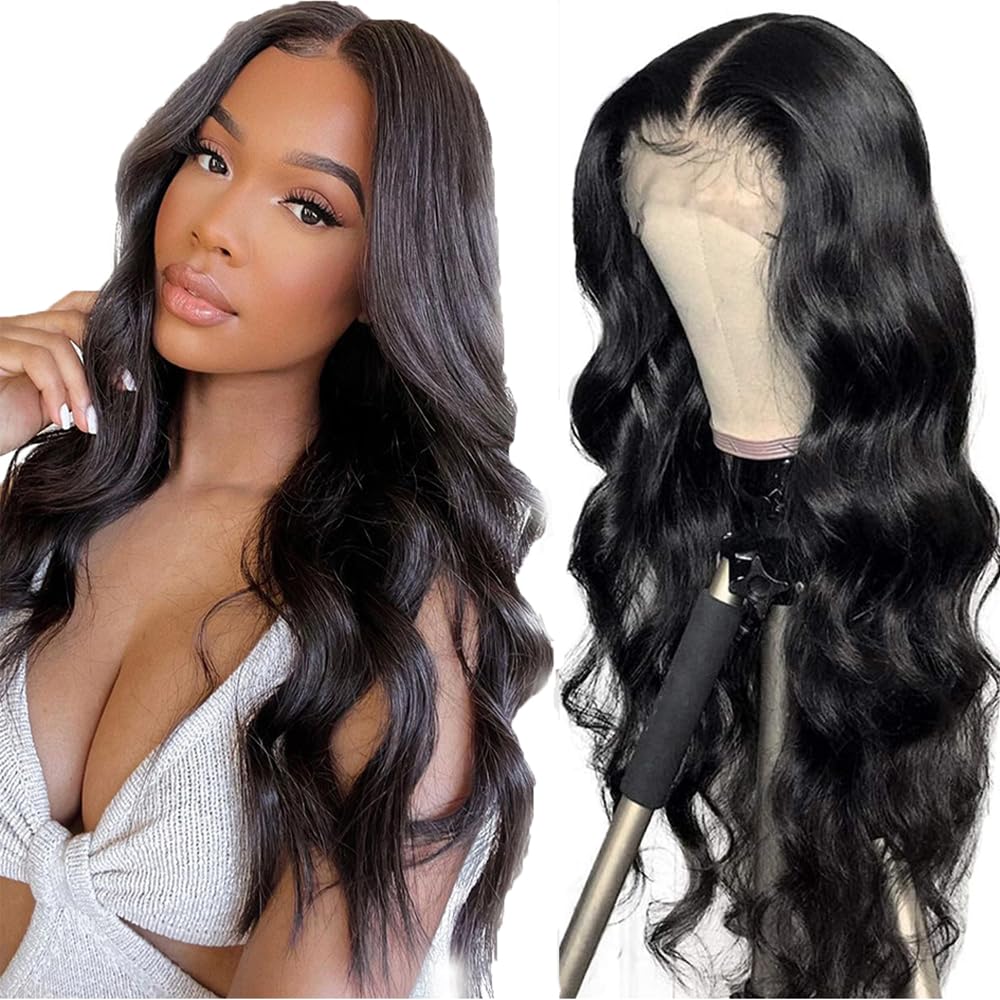Human Hair Wig 5x5 Glueless Wear and Go Lace Frontal Body Wave Perücken Unprocessed Brazilian Virgin Pre Plucked Baby Hair #1B Natural Black Minimal Tangle For Women 32 Inch