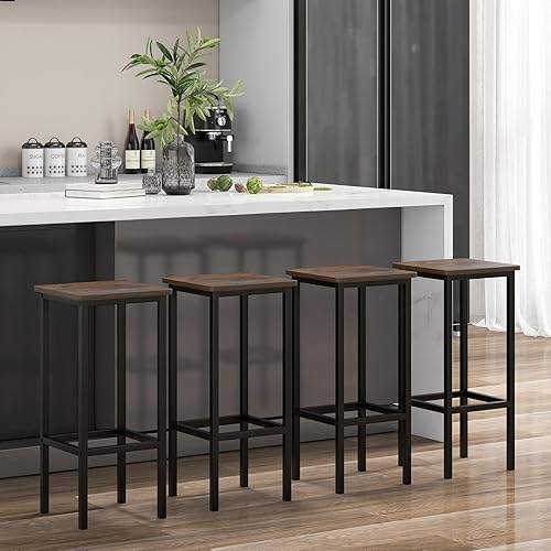 Miniatura 9 de Giantex Juego de 4 taburetes de bar de metal, taburetes de bar sin respaldo de 26 pulgadas con reposapiés, sillas de comedor de barra de desayuno,