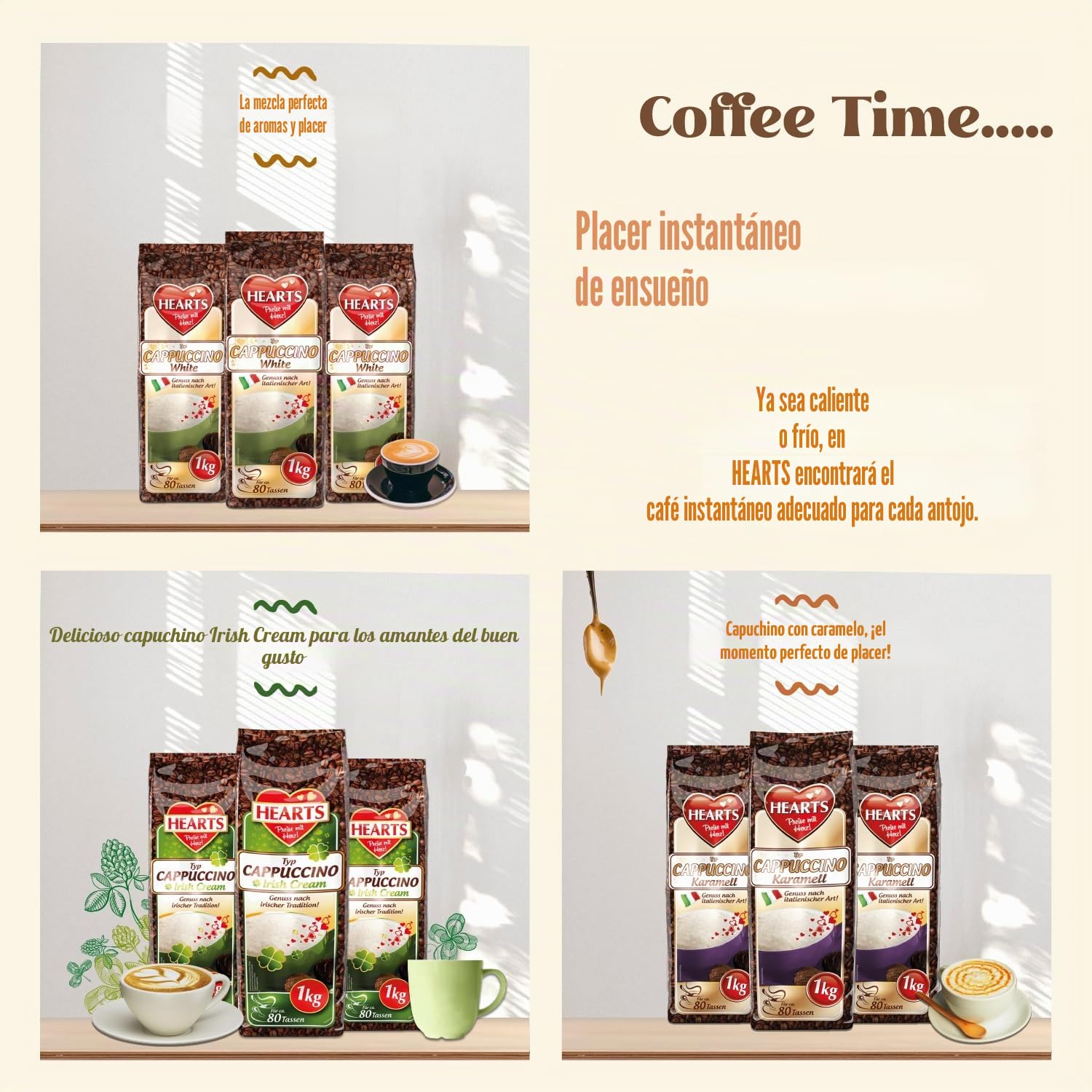 HEARTS Cappuccino Mix, 6 paquetes de degustación de 1 kg (mezcla vienesa, crema irlandesa, amaretto, caramelo, blanco y con fina nota de cacao) Paquete familiar