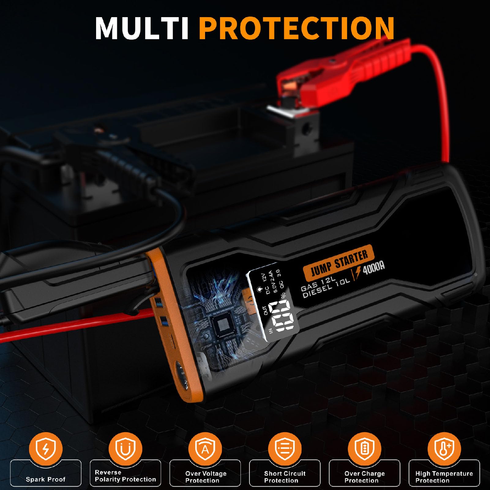 Avviatore di Emergenza per Batteria per Auto, Pacco Batteria 2000A 8000mAh 12V con Gonfiatore per Pneumatici, Custodia di Stoccaggio, Luce di Emergenza, Scatola di Emergenza