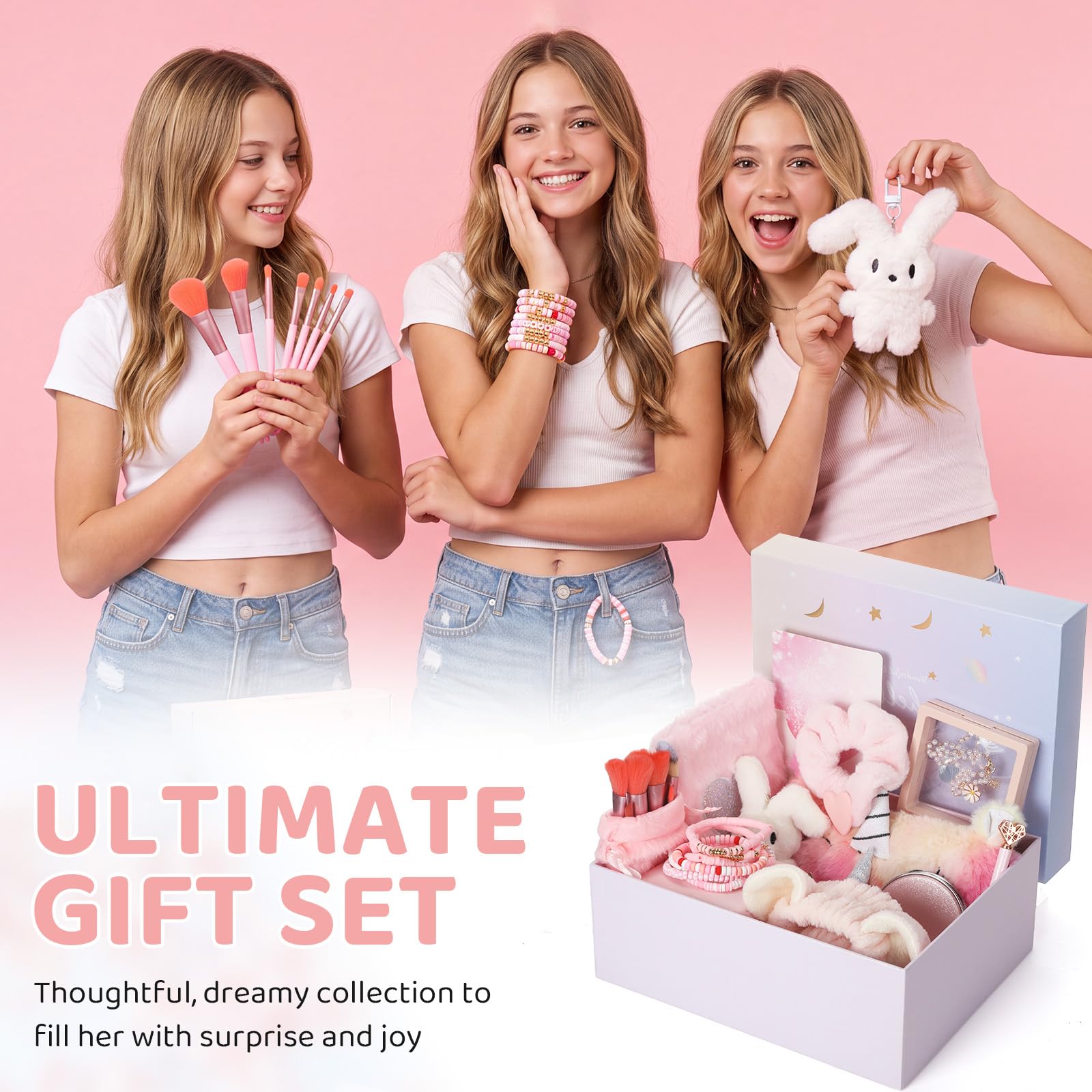 Eurzom Set di 16 pezzi rosa per ragazze adolescenti, alla moda, regalo di compleanno per ragazze adolescenti di età 12-16 anni, trousse pelose per il trucco, taccuino, bracciali, set con scatola