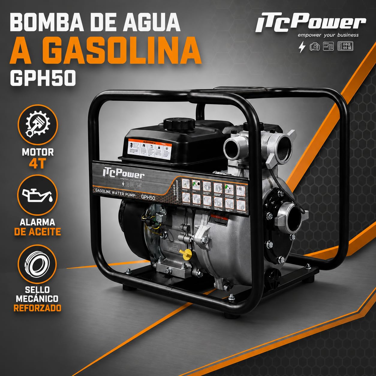 ITCPower GPH50 Motobomba de Gasolina Alta Presión 7 CV – Bomba de Agua 2" (50 mm), 500 L/min, Altura Máx. 65 m, Motor 200 cc para Riego, Trasvase y Uso Agrícola