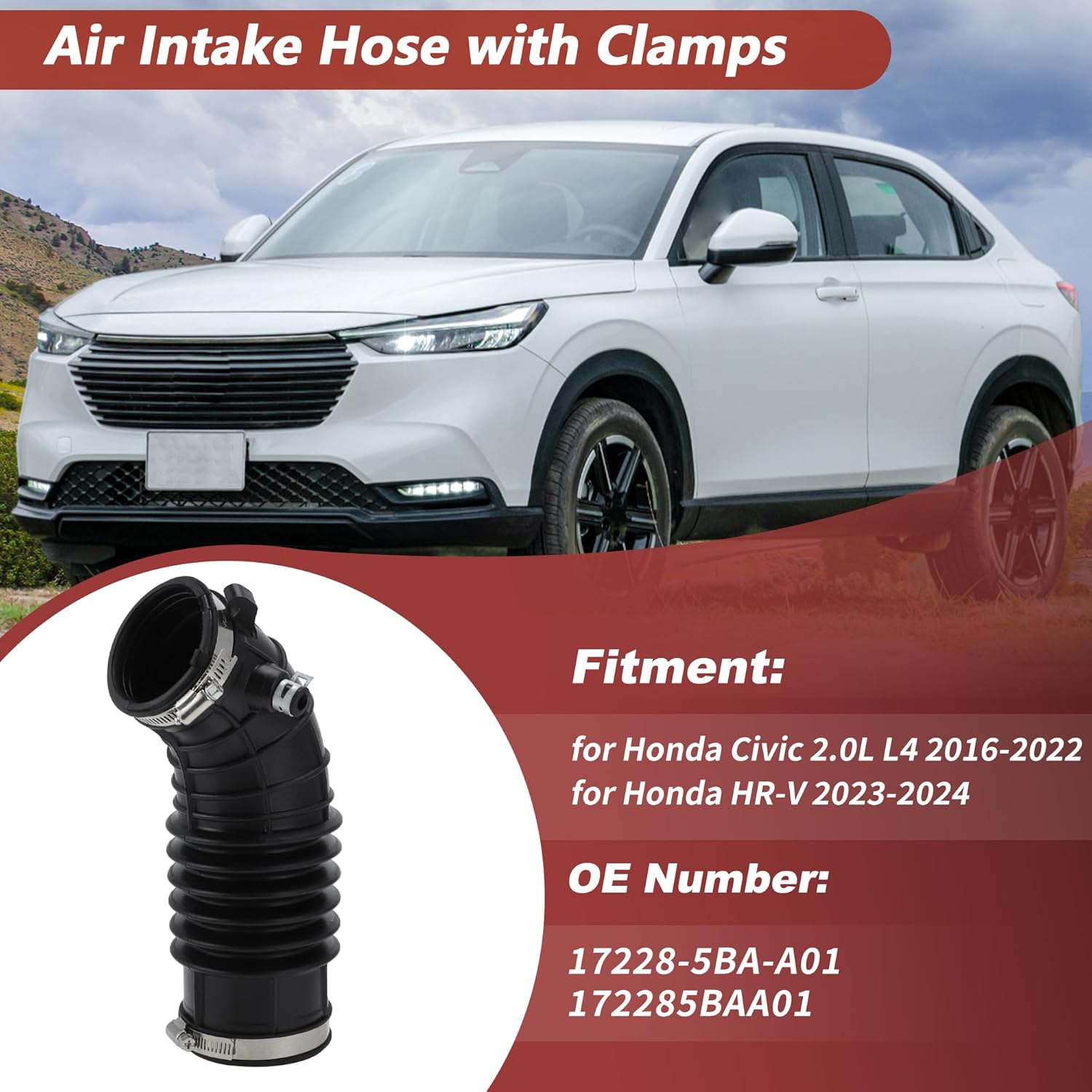 Air Intake Hose for Honda Civic 2.0L L4 2016-2022 for Honda HR-V 2023-2024 No.17228-5BA-A01 Rubber Engine Air Intake Hose Tube with Clamps 1 Pc